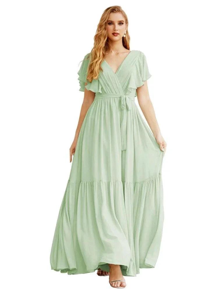 Women's Open Back Formal Evening Party Prom Gowns V-Neck Long Chiffon Bridesmaid Dresses with Waist Belt SEA28038 by numbersea