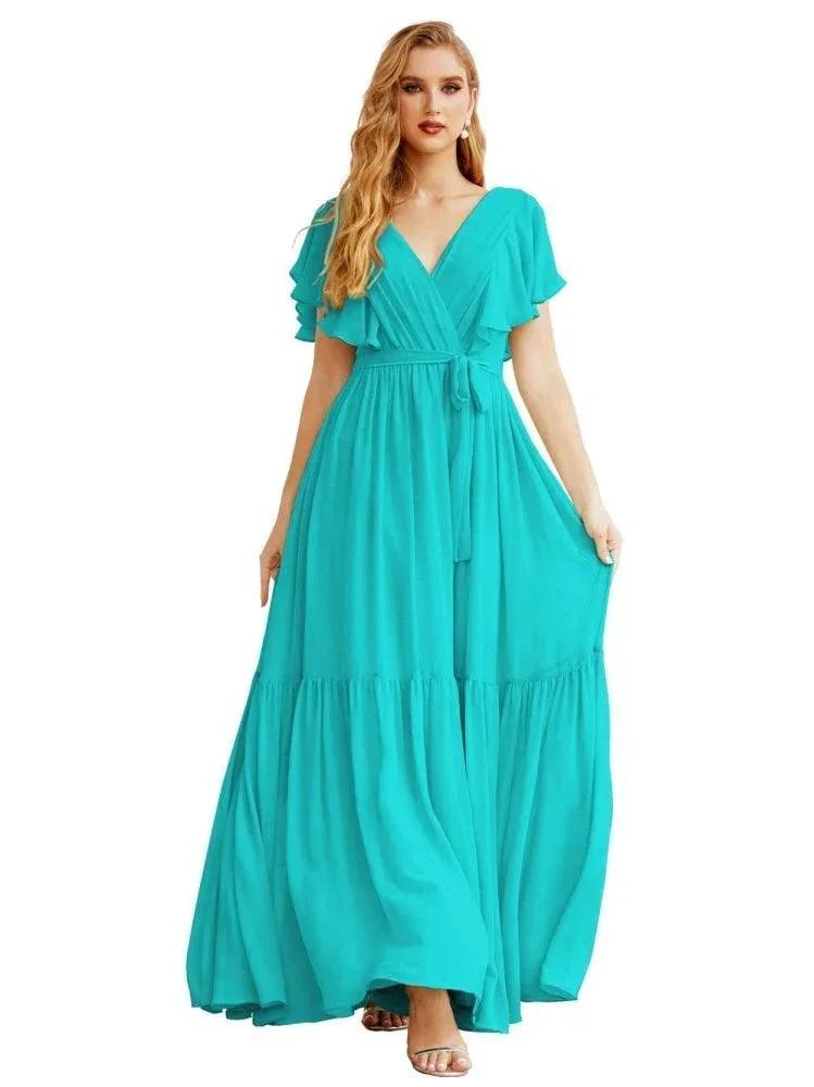 Women's Open Back Formal Evening Party Prom Gowns V-Neck Long Chiffon Bridesmaid Dresses with Waist Belt SEA28038 by numbersea