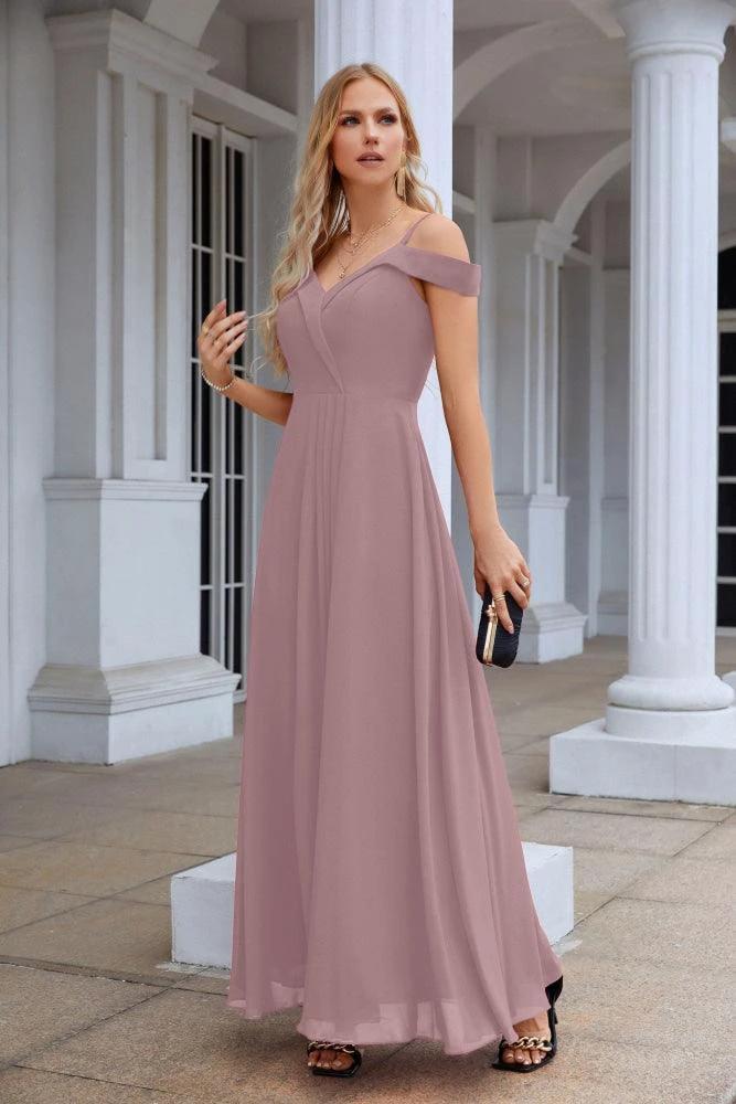 Women's thin strap off the shoulder bridesmaid mopping the floor evening dress 28093 by numbersea