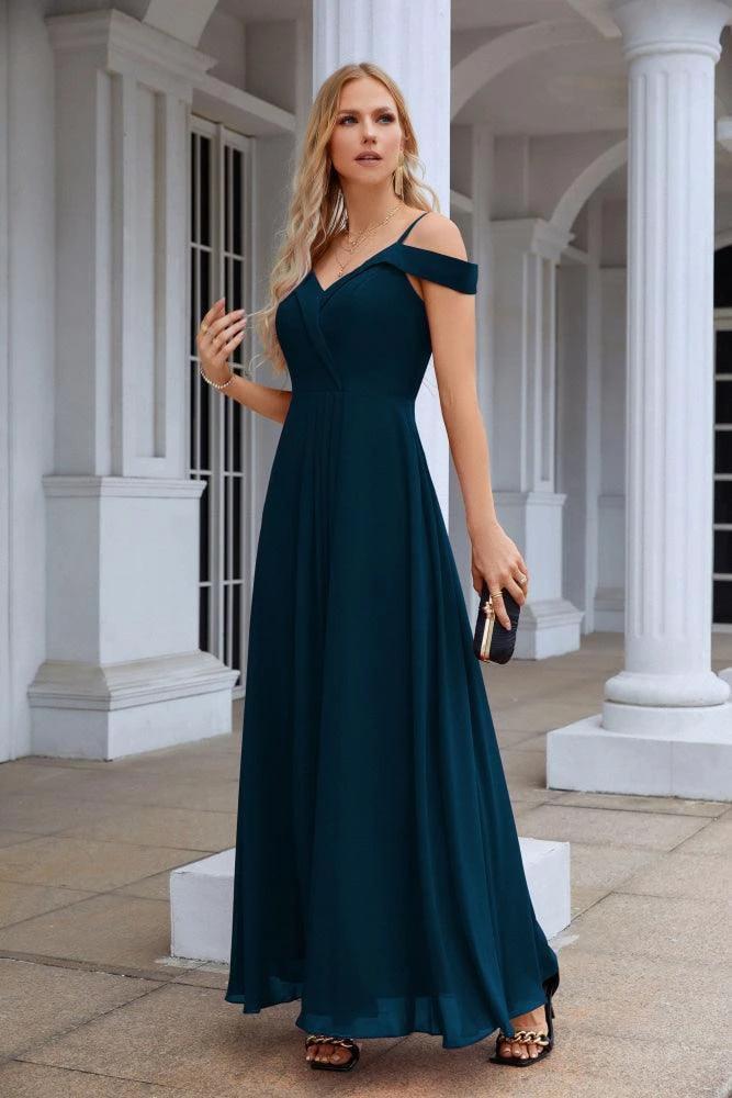 Women's thin strap off the shoulder bridesmaid mopping the floor evening dress 28093 (ZD17015)