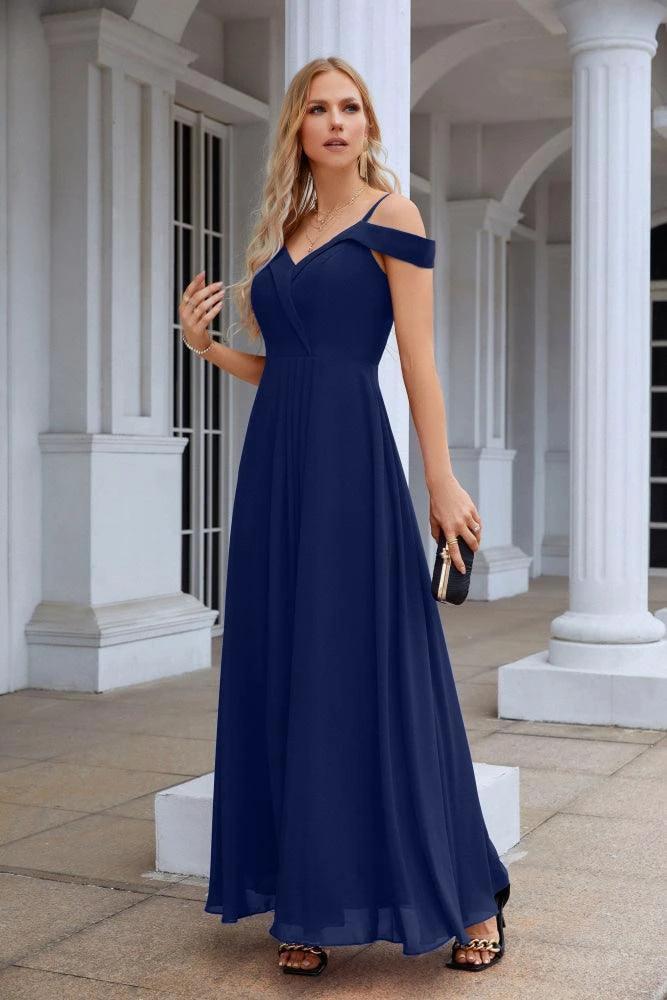 Women's thin strap off the shoulder bridesmaid mopping the floor evening dress 28093 by numbersea