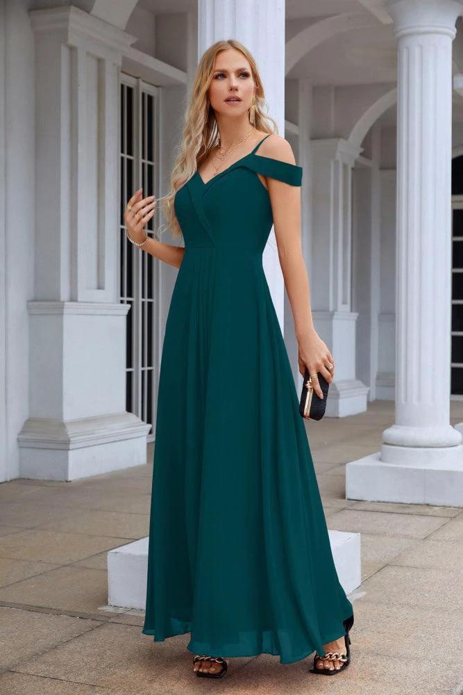 Women's thin strap off the shoulder bridesmaid mopping the floor evening dress 28093 by numbersea