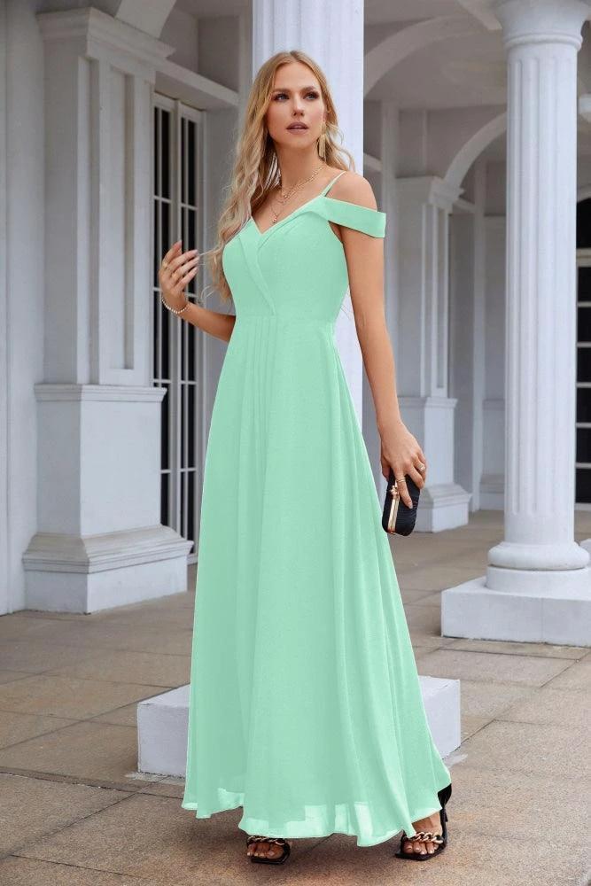 Women's thin strap off the shoulder bridesmaid mopping the floor evening dress 28093 by numbersea