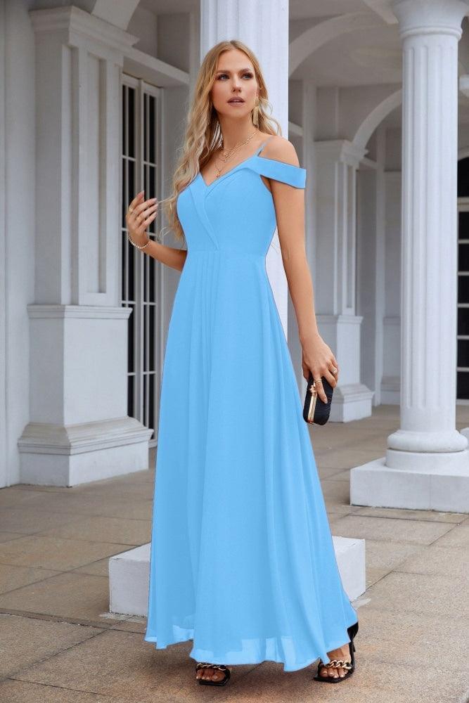 Women's thin strap off the shoulder bridesmaid mopping the floor evening dress 28093 by numbersea