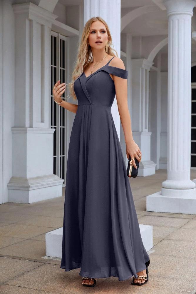 Women's thin strap off the shoulder bridesmaid mopping the floor evening dress 28093 by numbersea
