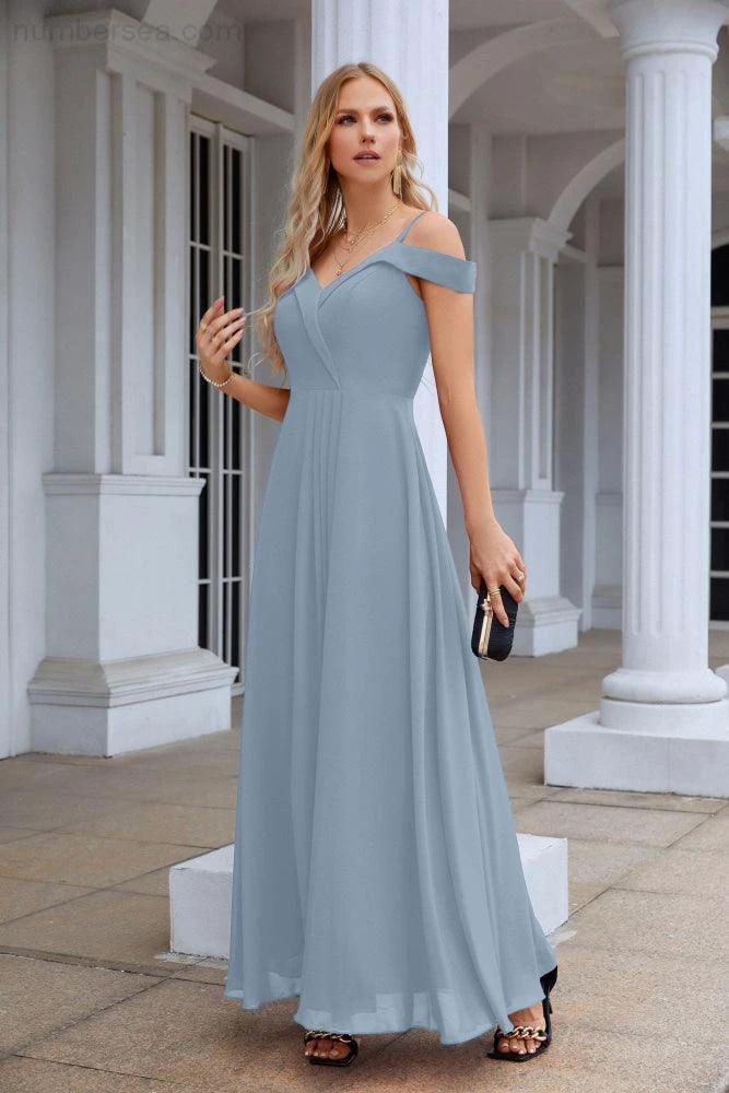 Women's thin strap off the shoulder bridesmaid mopping the floor evening dress 28093 by numbersea