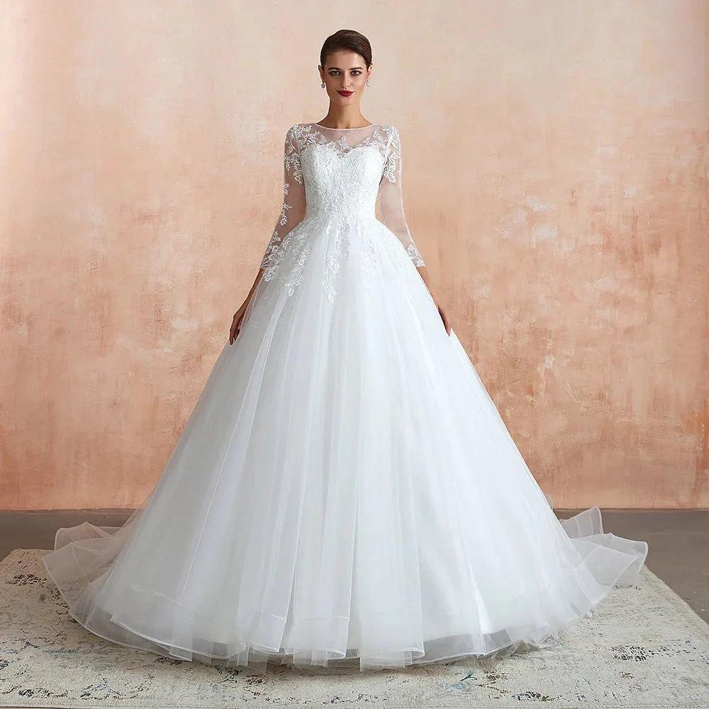 Wonderful Long A-line Appliques Tulle Wedding Dress with Sleeves (ZD14402)