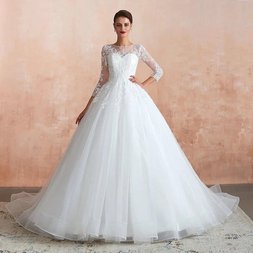 Wonderful Long A-line Appliques Tulle Wedding Dress with Sleeves (ZD14402)