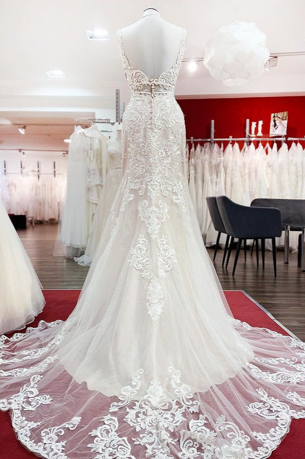 Wonderful Sleeveless Tulle Ivory Lace Backless Mermaid Wedding Dresses (ZD17540)