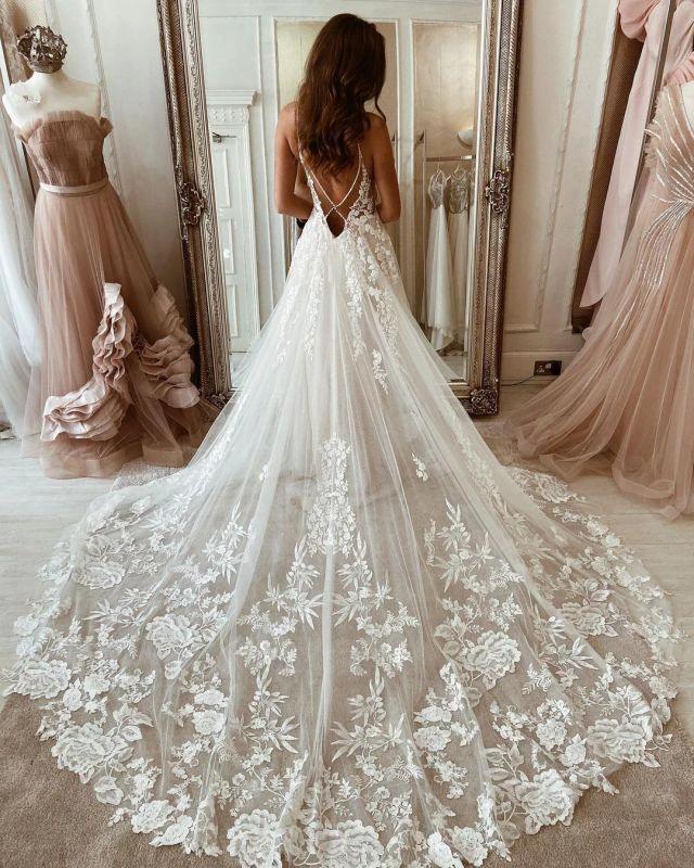 Wonderful Spaghetti Straps Appliques Tulle A-Line Wedding Dresses (ZD16557)