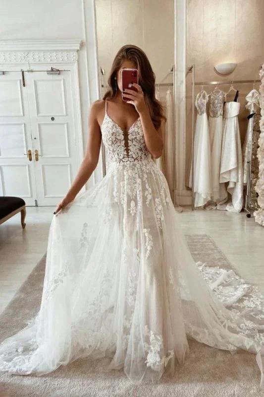 Wonderful Spaghetti Straps Appliques Tulle A-Line Wedding Dresses (ZD16557)