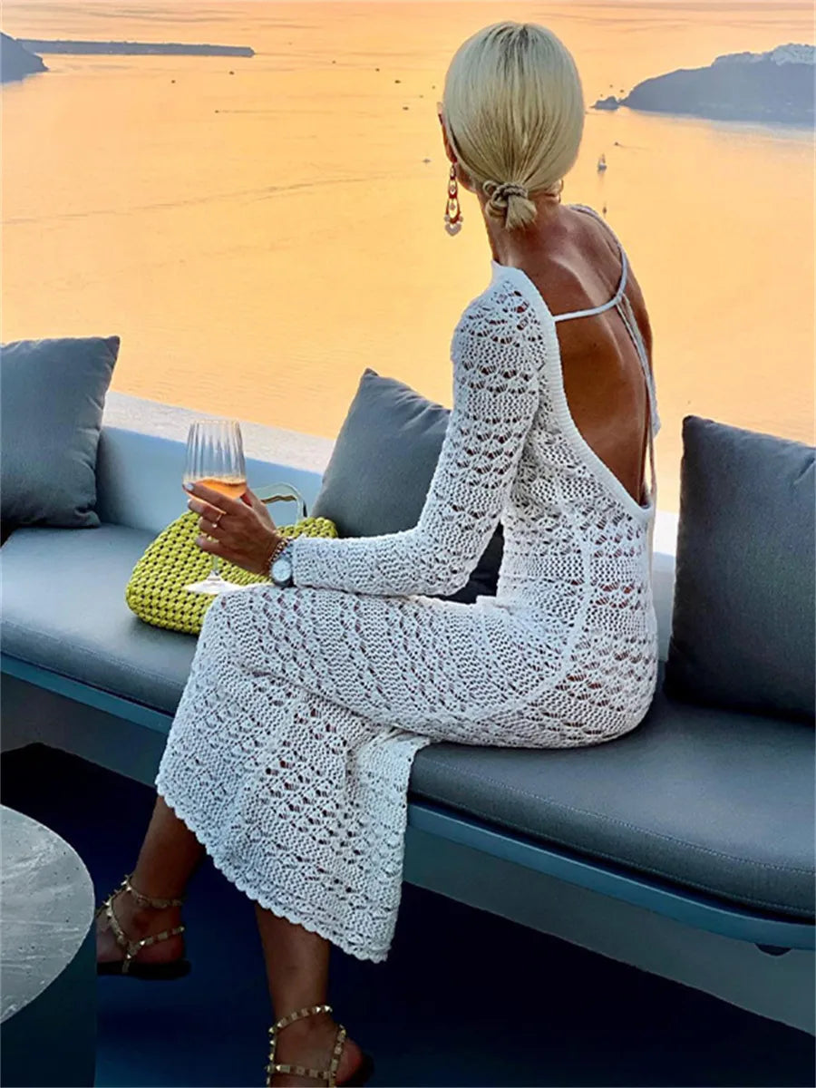 Backless Tie Up Knit Crochet HollowOut Beach Maxi Dress