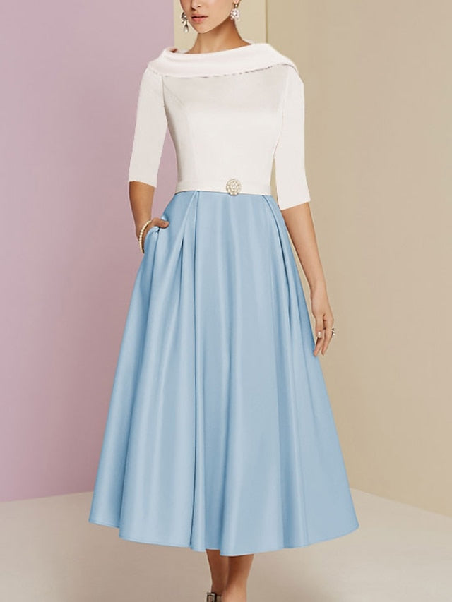 A-Line/Princess Jewel Neck Half Sleeve Tea-Length Mother of the Bride Dresses with Pockets Pleats - View 11 | FashionDia
