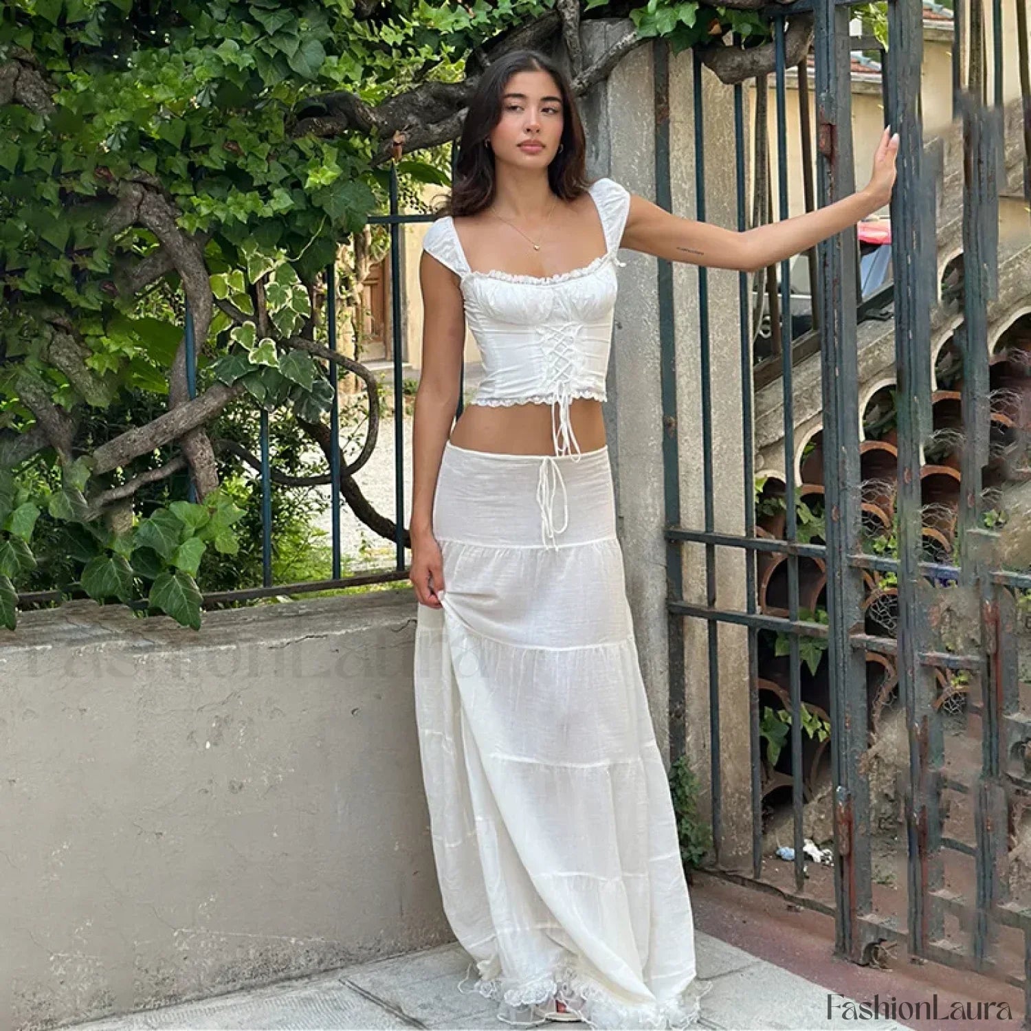 Y2K Lace Tie Front Dress Two Piece Set