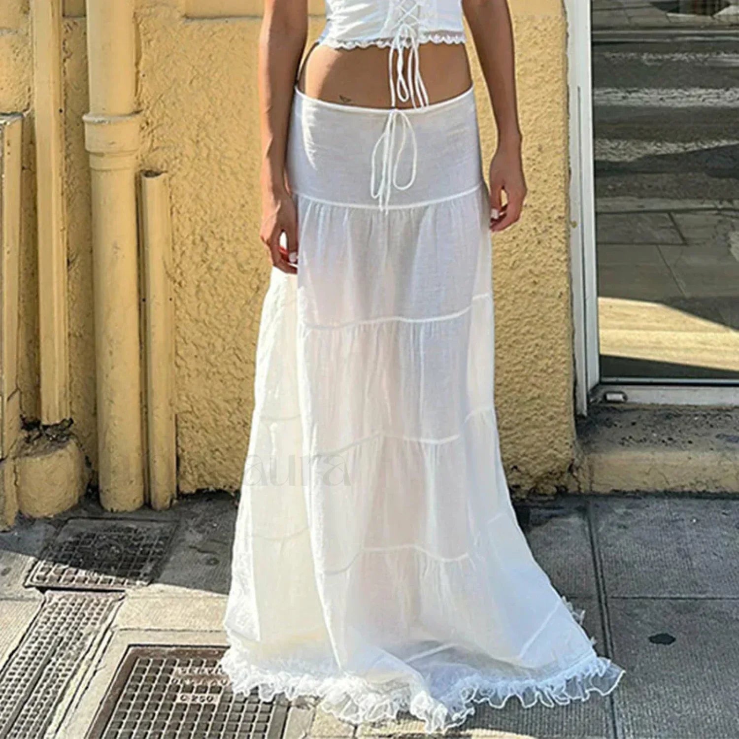 Y2K Lace Tie Front Dress Two Piece Set