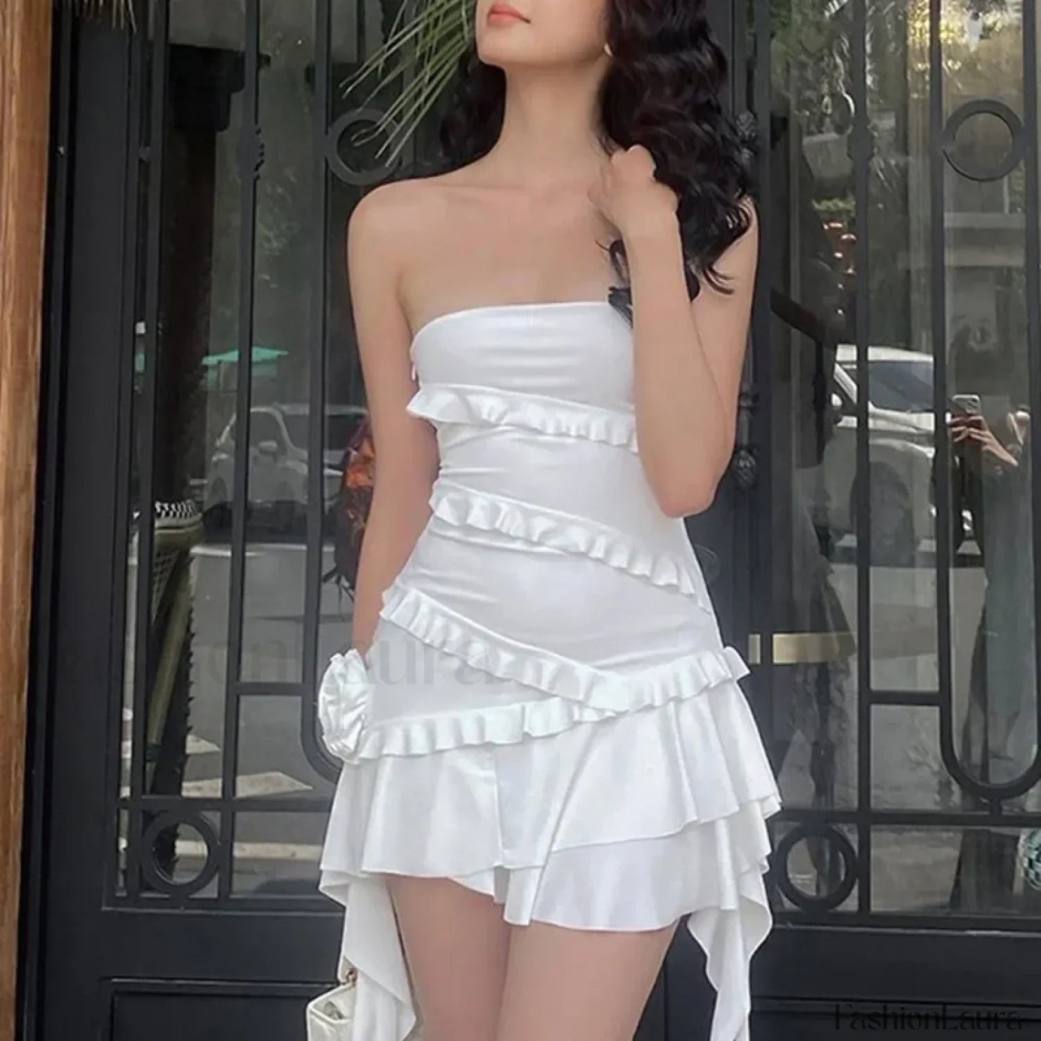 Y2K Off Shoulder Strapless Ruffle Hem Mini Floral Dress