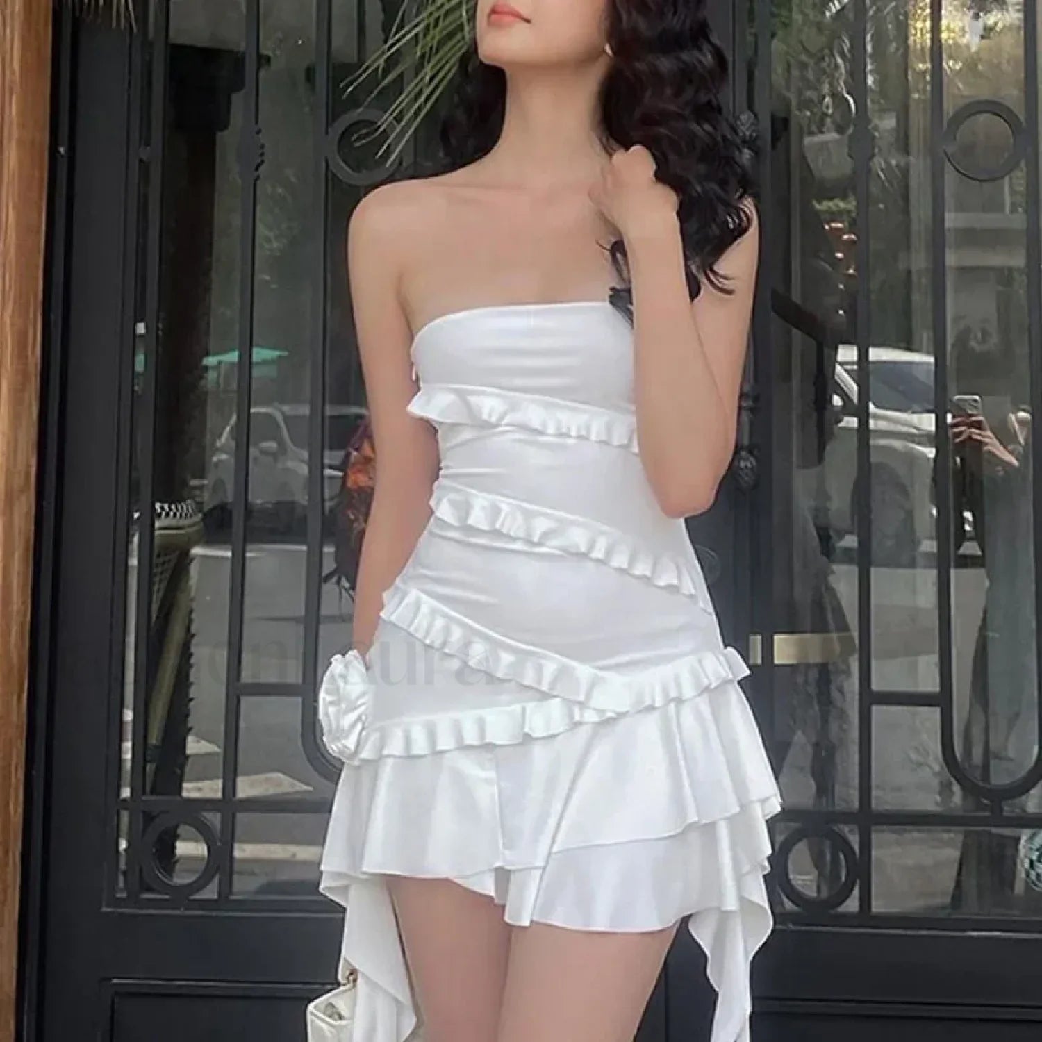 Y2K Off Shoulder Strapless Ruffle Hem Mini Floral Dress