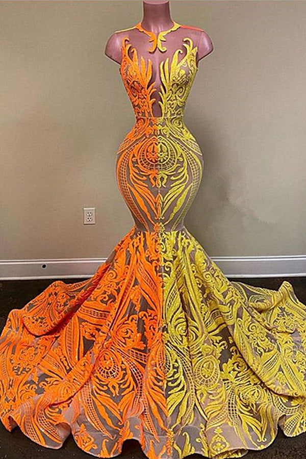 Yellow and Orange Mermaid Prom Dress Lace Long
