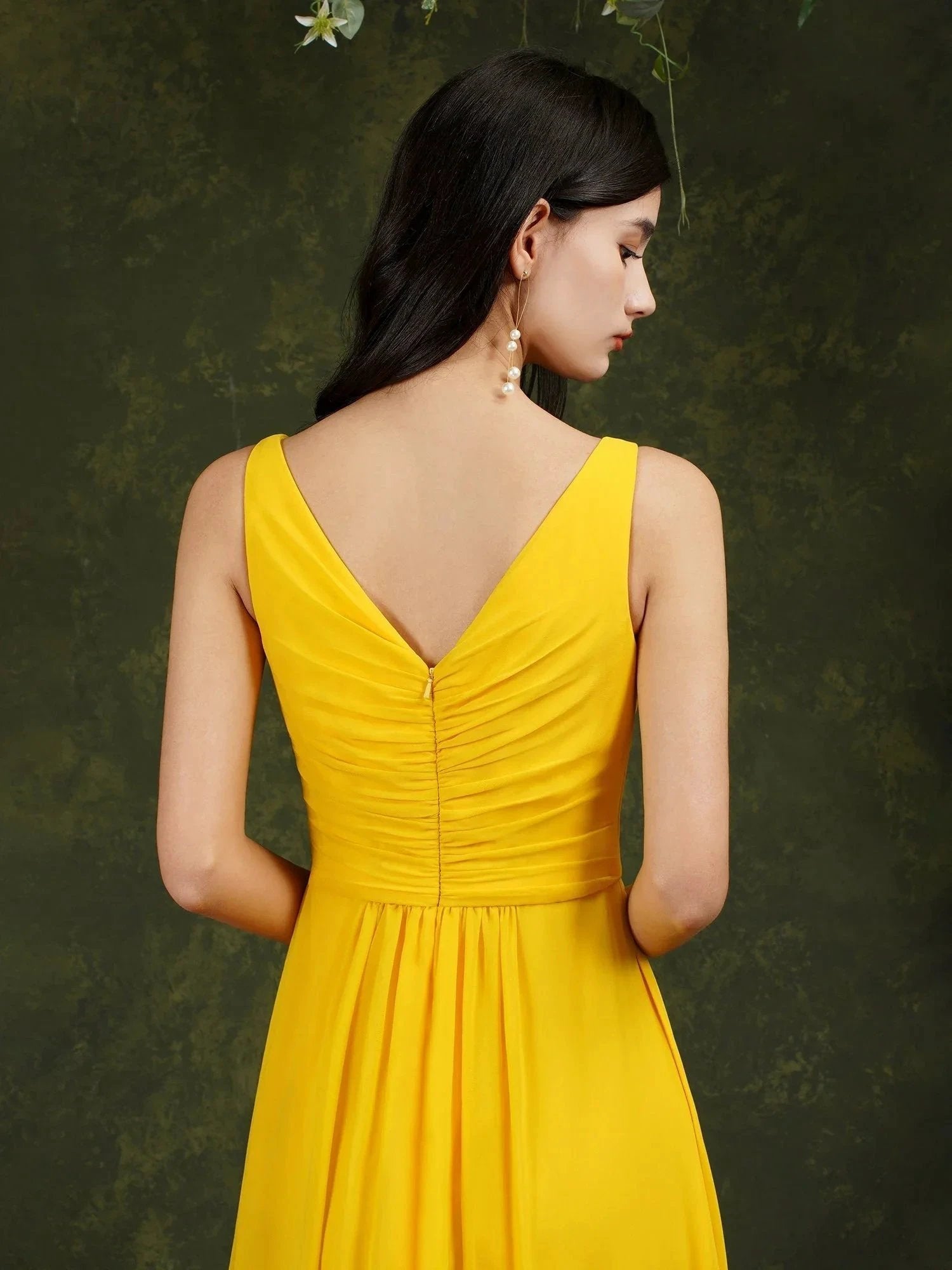 Yellow Bateau A-Line Chiffon Ruffles Split Floor-length Bridesmaid Dress With Pockets (ZD13144)