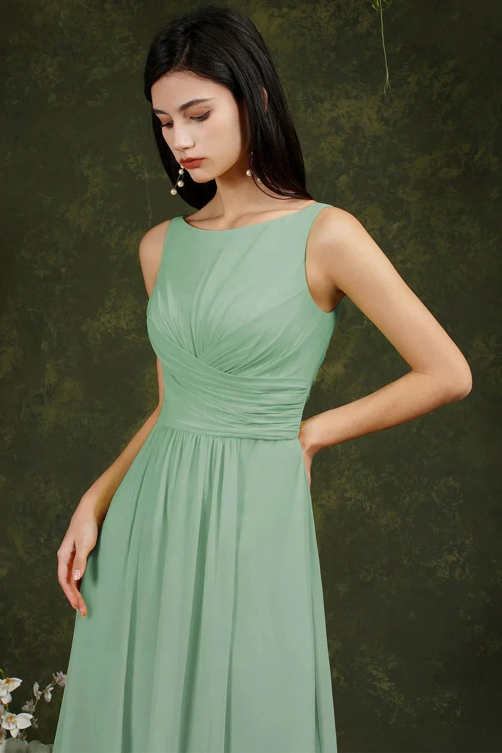 Yellow Bateau A-Line Chiffon Ruffles Split Floor-length Bridesmaid Dress With Pockets (ZD13144)