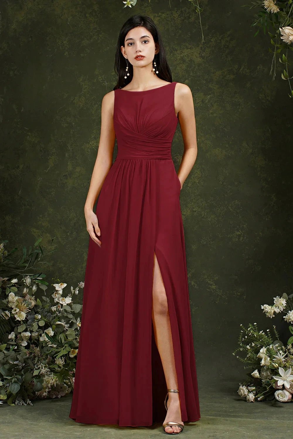 Yellow Bateau A-Line Chiffon Ruffles Split Floor-length Bridesmaid Dress With Pockets by misshow.com