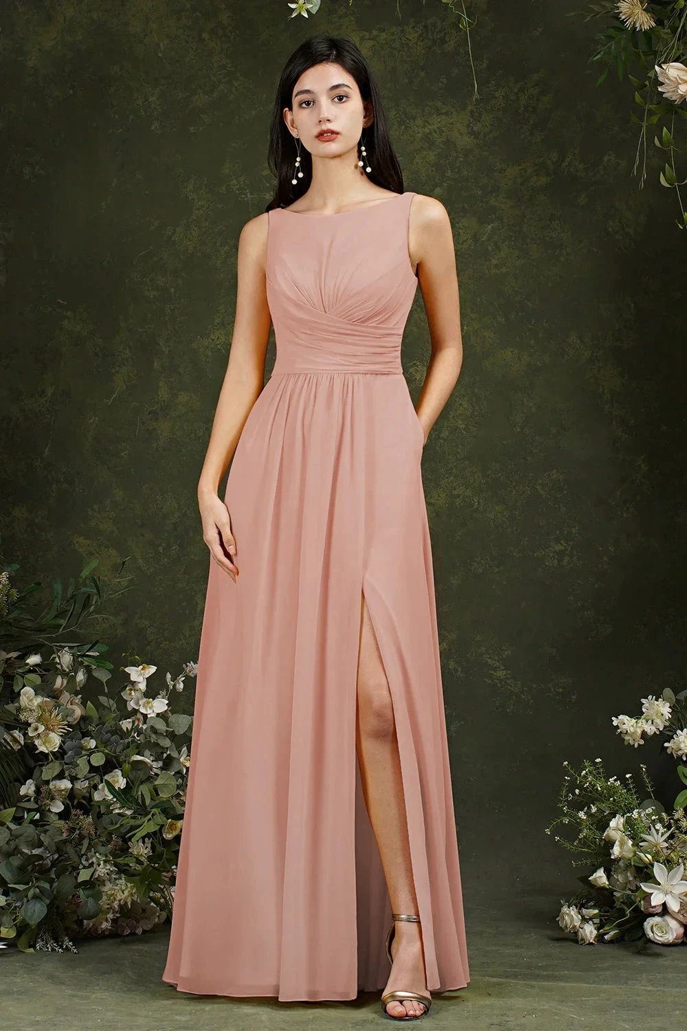Yellow Bateau A-Line Chiffon Ruffles Split Floor-length Bridesmaid Dress With Pockets by misshow.com