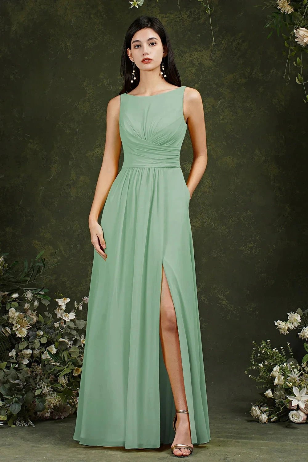 Yellow Bateau A-Line Chiffon Ruffles Split Floor-length Bridesmaid Dress With Pockets by misshow.com