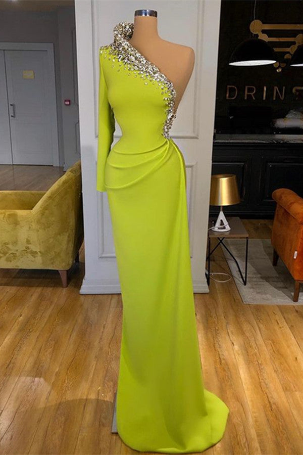 Yellow Green Long Sleeves One-Shoulder Prom Dress Mermaid With Beads