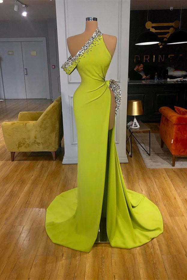 Yellow Green One-Shoulder Mermaid Prom Dress Slit Long With Crystals