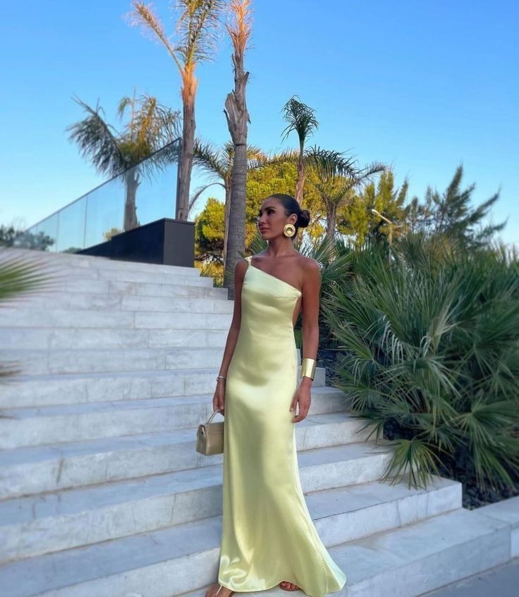 Yellow One Shoulder Prom Dress, Floor Length Prom Gown