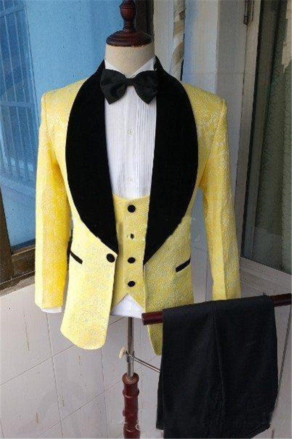 Yellow Slim-Fit Lapel Shawl Prom Dress Suit Bespoke Jacquard Men Formal Party Blazer