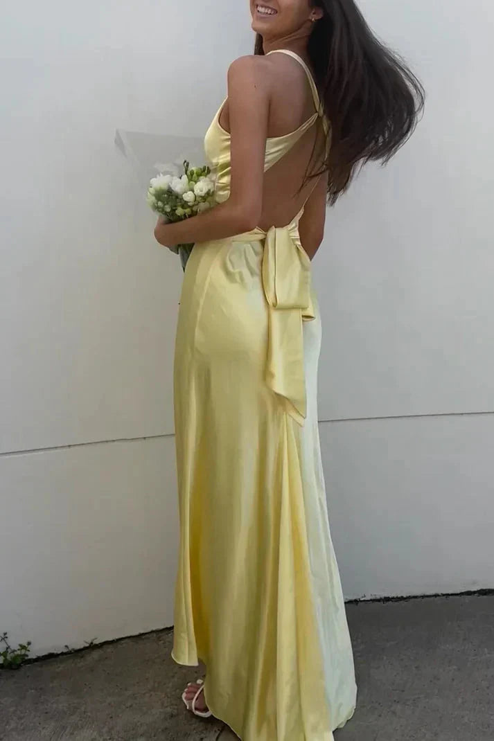 Yellow V-Neck Backless Fashion Elegant Long Satin Ball Gowns Prom Dress Wedding Guest Prom Dresses