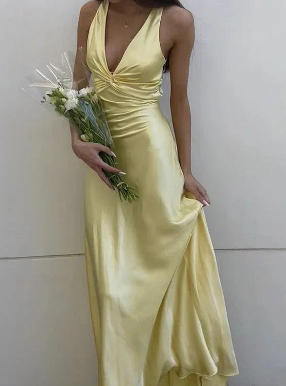 Yellow V-Neck Backless Fashion Elegant Long Satin Ball Gowns Prom Dress Wedding Guest Prom Dresses
