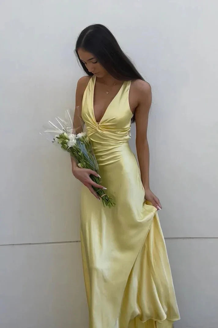 Yellow V-Neck Backless Fashion Elegant Long Satin Ball Gowns Prom Dress Wedding Guest Prom Dresses