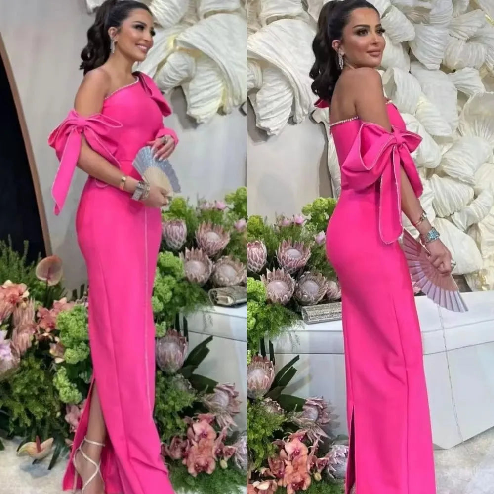 Elegant Pink Mermaid Satin Prom Dress Sequineds One Shoulder With Bow Floor Length Evening Dress vestido de gala