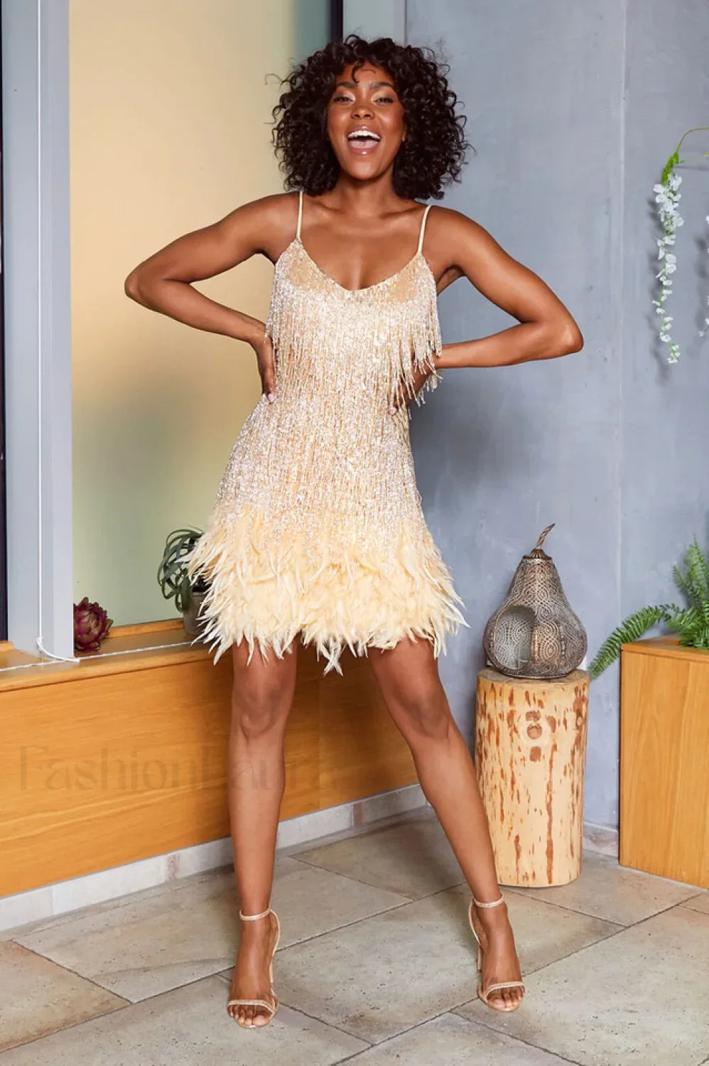 Yvonne Sequin Stylish Feather Cocktail Midi Dress