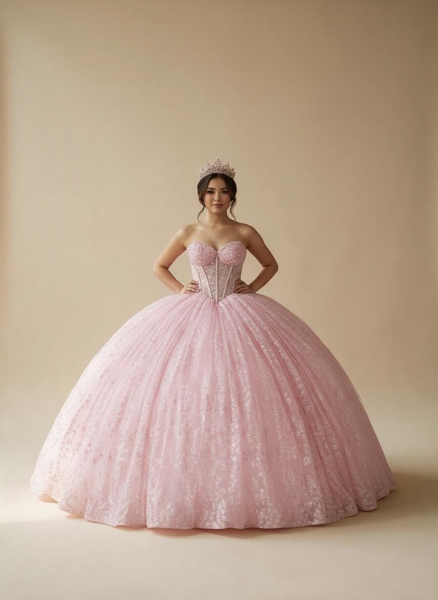Bubble Pink Strapless Quinceanera Dress Sequin Corset Glitter Tulle Ball Gown (ZD17594) - VelvetHem