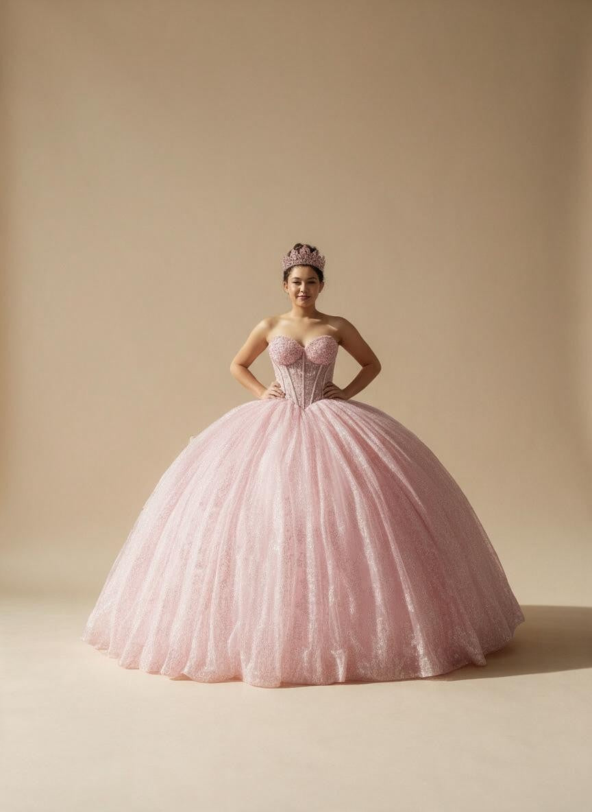 Bubble Pink Strapless Quinceanera Dress Sequin Corset Glitter Tulle Ball Gown (ZD17594) - View 4 | VelvetHem