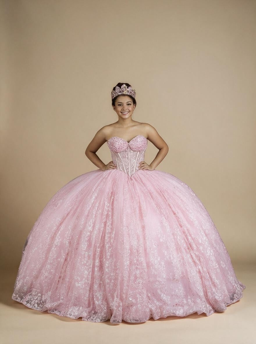 Bubble Pink Strapless Quinceanera Dress Sequin Corset Glitter Tulle Ball Gown (ZD17594) - View 5 | VelvetHem