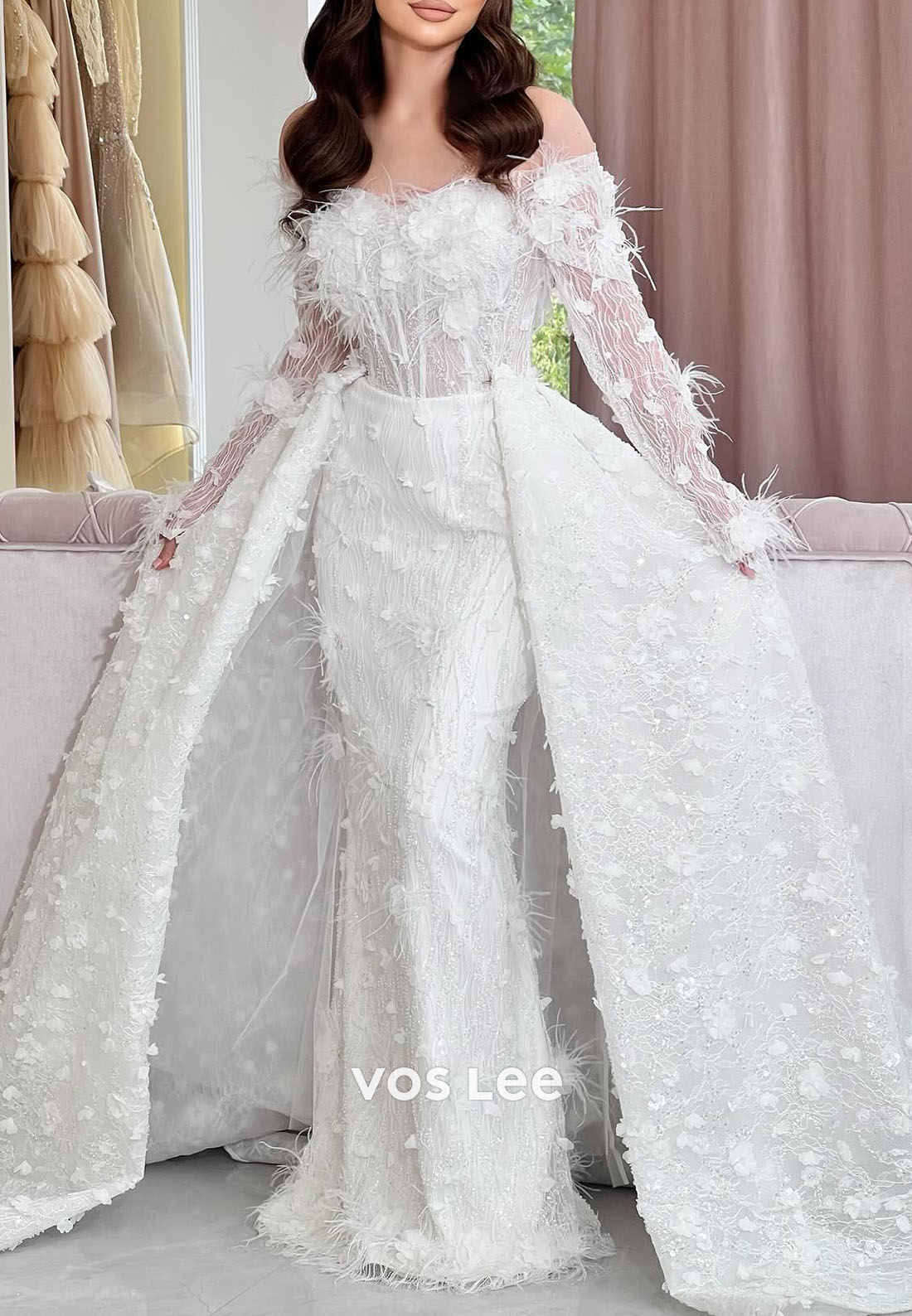 Feather & Floral Off-Shoulder Mermaid Wedding Dress: Sheer Sleeve Bridal Gown