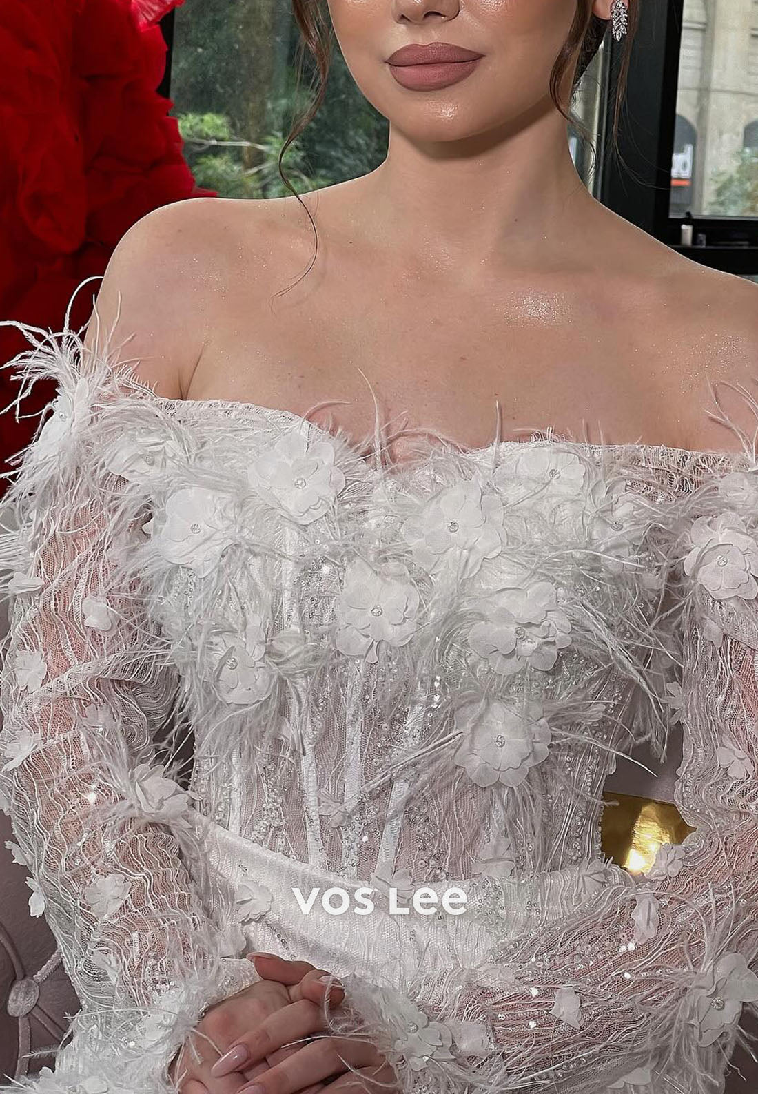 Feather & Floral Off-Shoulder Mermaid Wedding Dress: Sheer Sleeve Bridal Gown
