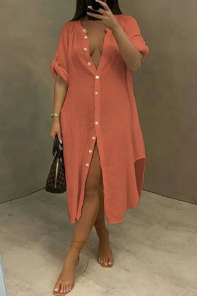 Solid Color Round Neck Button Up Dress - Fashionpara