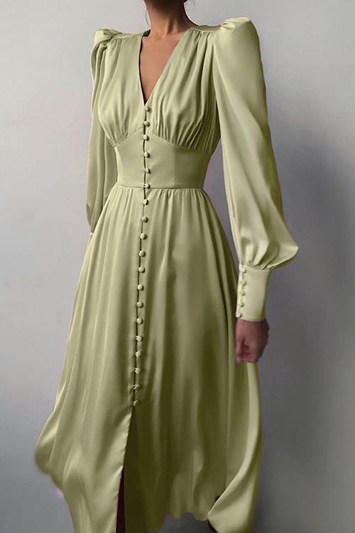 Satin Button Puff Long Sleeve Dress - Fashionpara