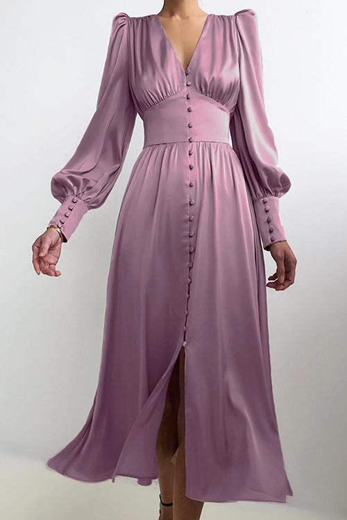 Satin Button Puff Long Sleeve Dress - Fashionpara