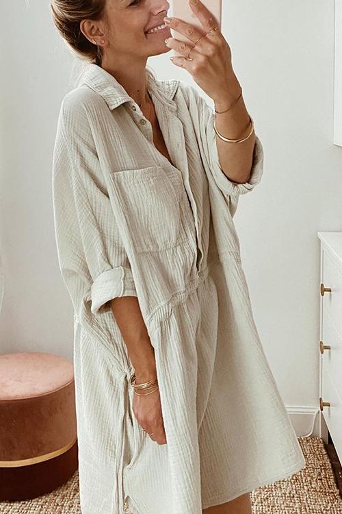 Button Pockets Drawstring Waist Dress - Fashionpara
