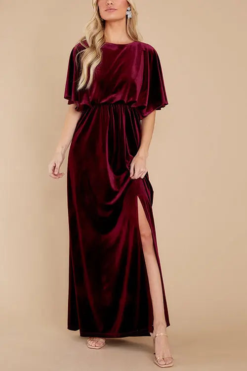 Velvet Wlastic Waist Slit Maxi Dress - Fashionpara