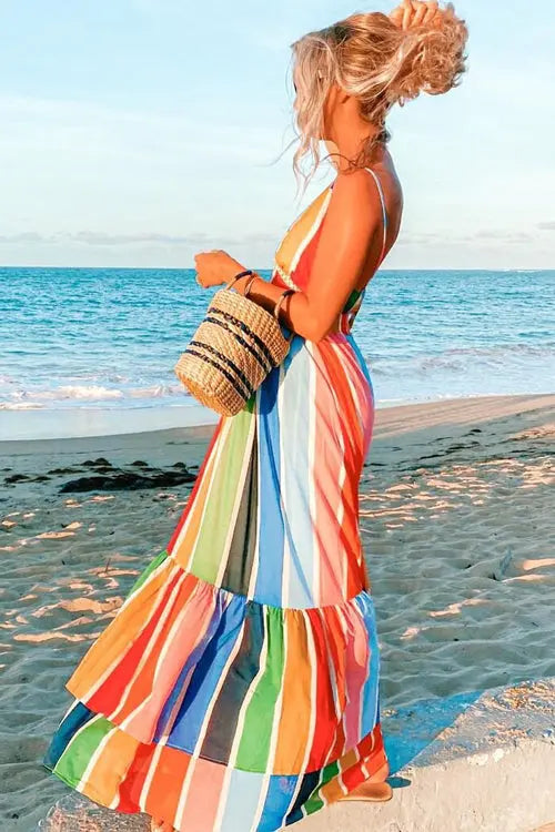 Rainbow Stripe Backless Slip Maxi Dress - Fashionpara