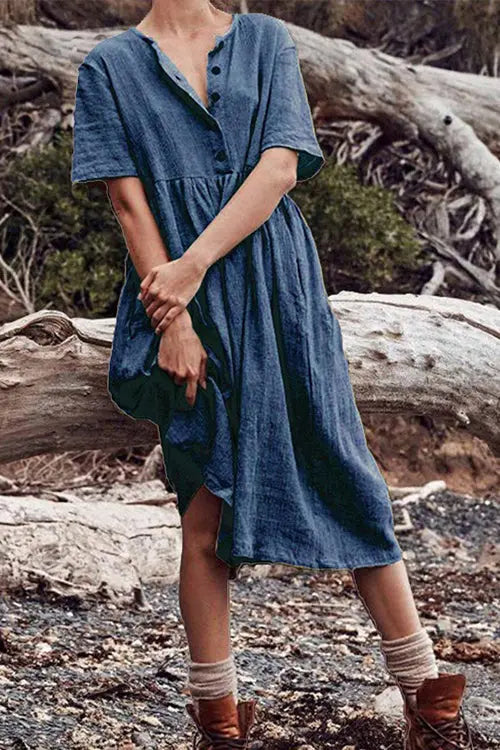 Solid Button O Neck Midi Dress - Fashionpara