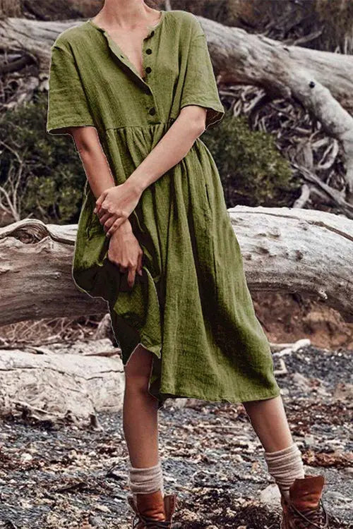 Solid Button O Neck Midi Dress - Fashionpara