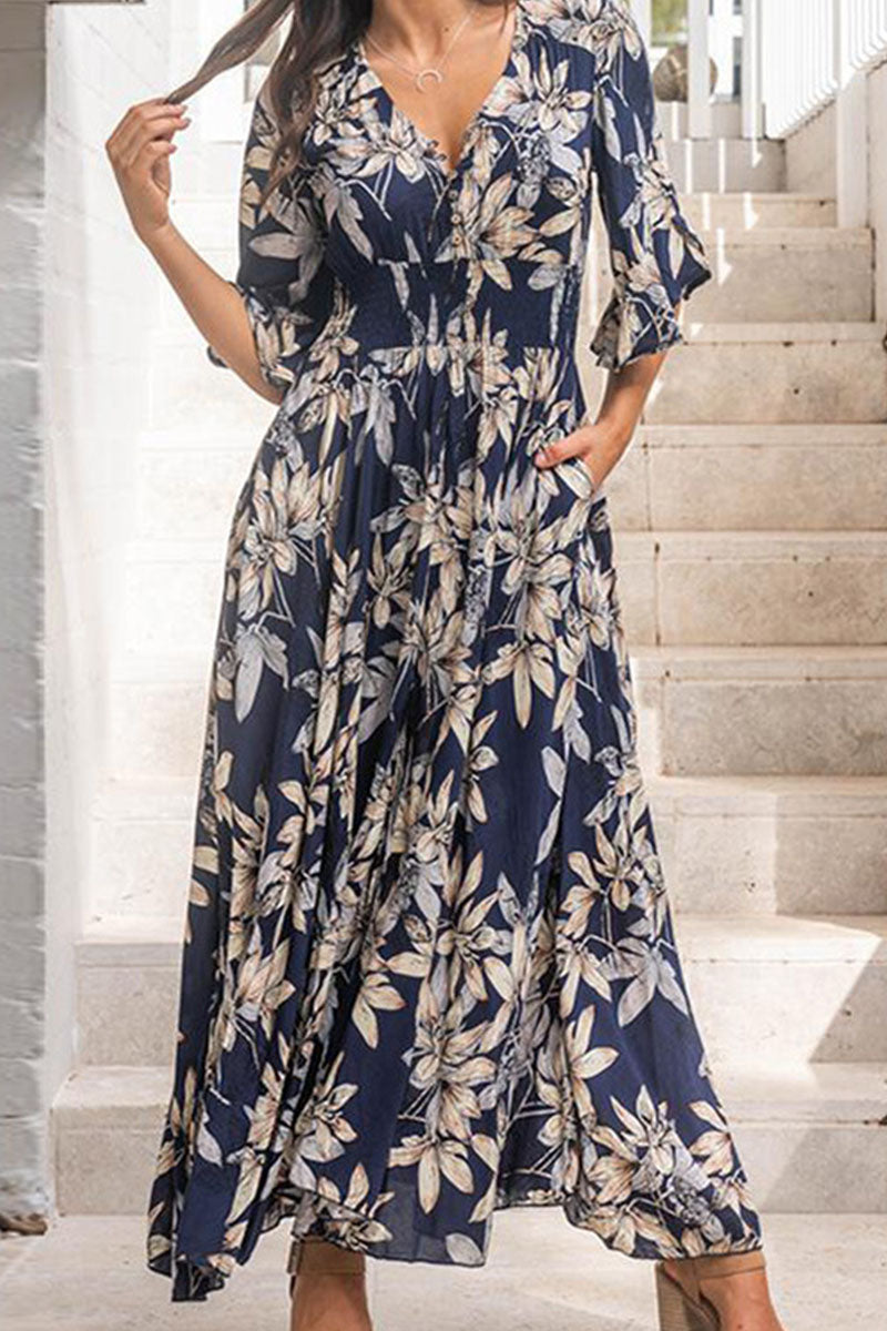 Fashion Street Print Patchwork V Neck Waist Skirt Dresses - Fashionpara